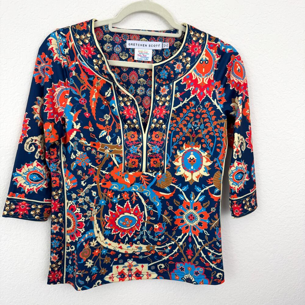 Gretchen Scott Womens Jersey Split Neck Tunic Top Size XXS Floral Print Blue
